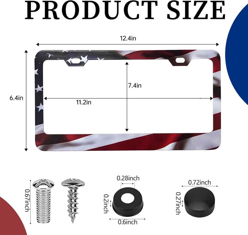 LIN KANG Patriotic American Flag License Plate Frame Holder - 2 Pack Universal Aluminum Matte Stripe US Flag Gloss Car Plate Frame Covers with 2 Holes and Free Screws Fasteners Caps - Image 2